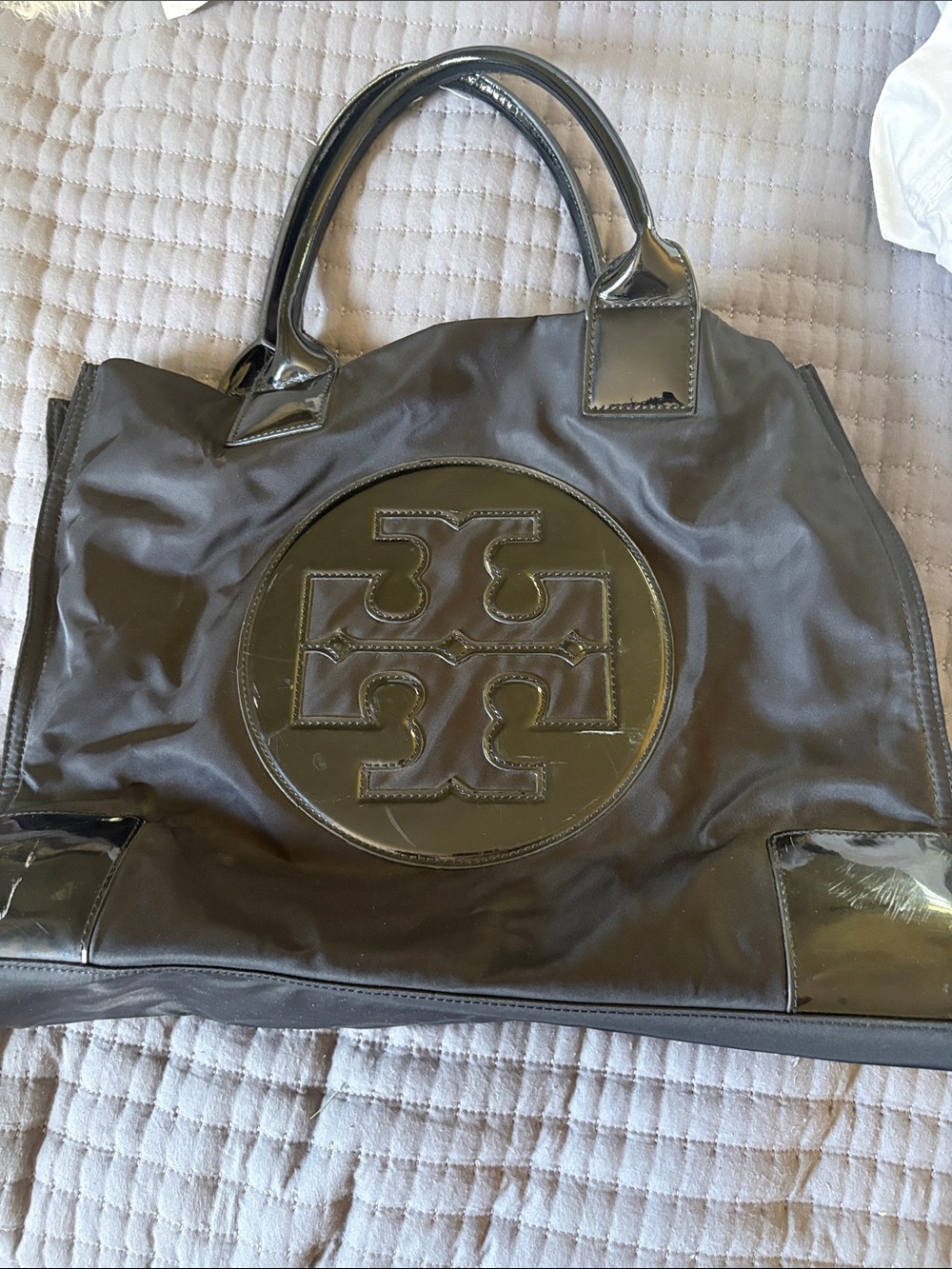 Tory Burch Black Logo Nylon Tote with Patent Trim